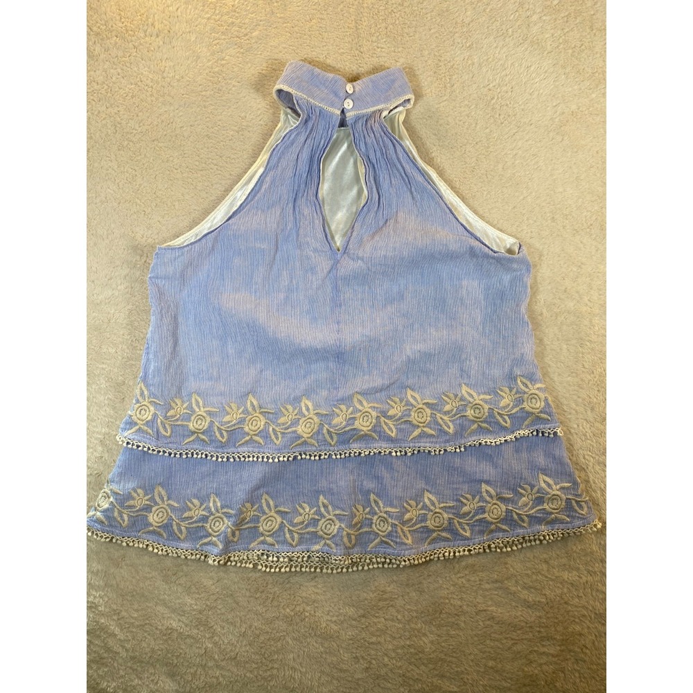 THML Halter Tank Top Embroidered Floral & Tassels Sleeveless Blue White SZ M - Picture 8 of 11